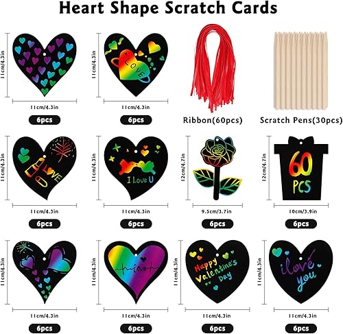 Miniatura 2 de Paquete de 60 tarjetas de regalo para el día de San Valentín para niños, tarjetas de arcoíris con forma de corazón, arte para rascar, manualidades