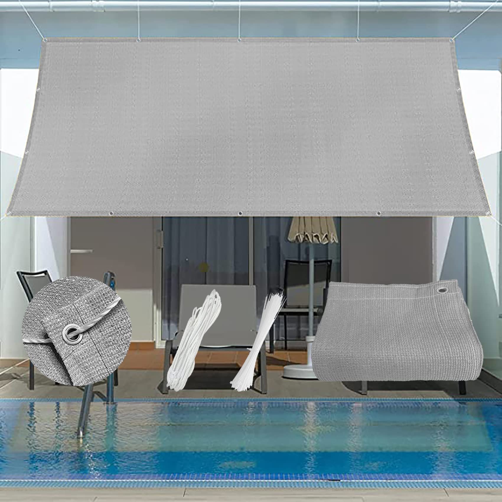 Vela Parasole Impermeabile Rettangolare 6X10 M Grigia, Protezione Uv Al 95%, Tessuto per Tendalino con Kit Di Fissaggio per Giardino Esterno, Patio, Traspirante E Permeabile.