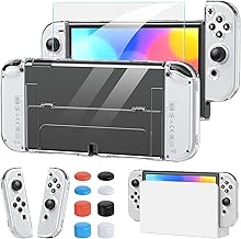 Switch Case for Nintendo Switch OLED,Clear Dockable Glass Screen Protector Cover 8 PCS Thumb Grip Caps Protective for Nintendo Switch OLED JoyCon Controller Games Accessories