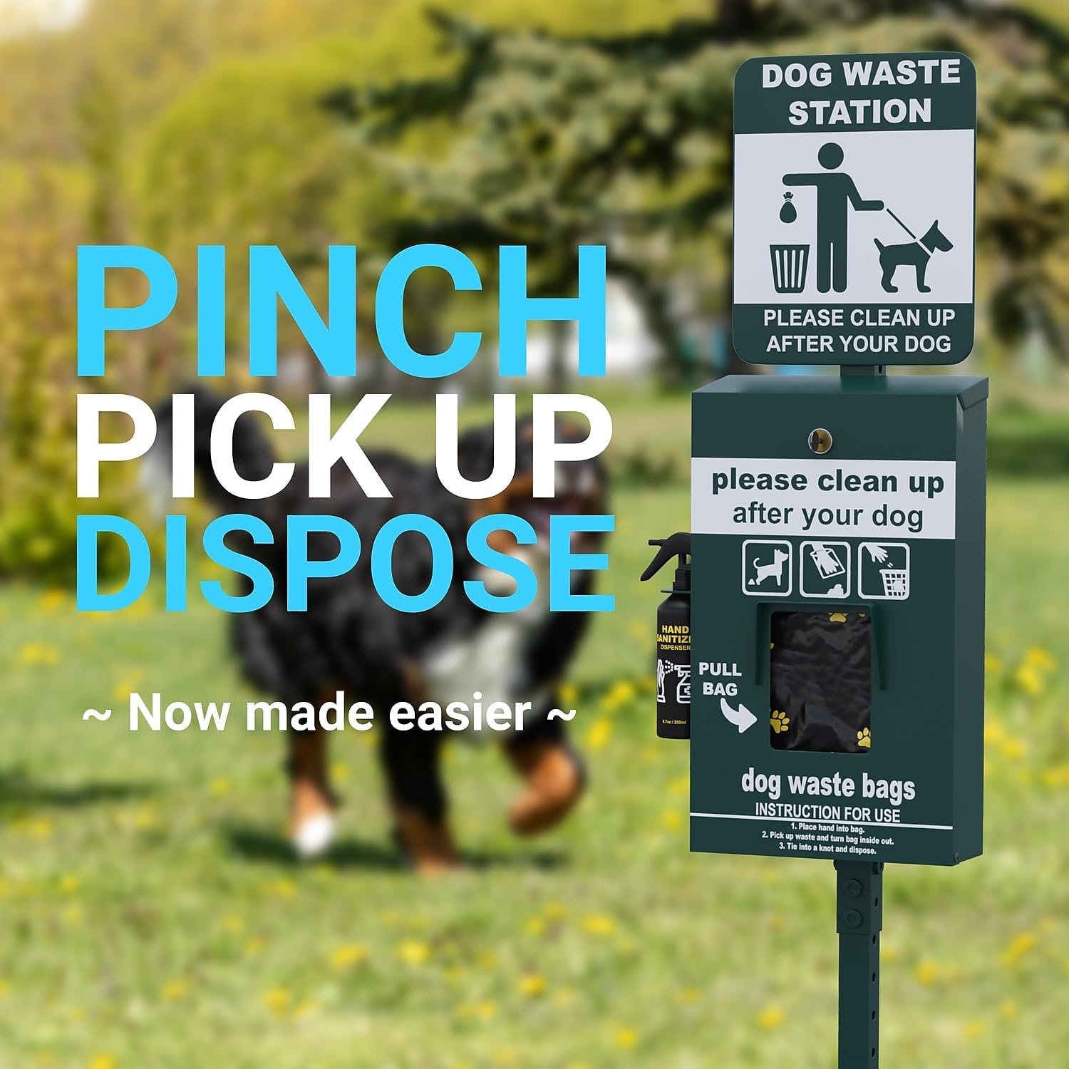 Flash Furniture Kessler Mini Pet Waste Station - Glow in The Dark Sign, Pull Out Waste Bag Dispenser, Hand Sanitizer Bottle - 400 Bags Included, Green