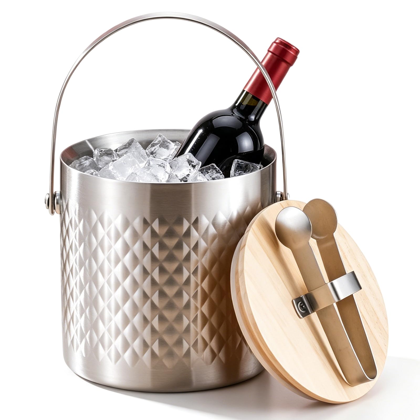Edelstahl Eiskübel, 3L, 19×19×18cm Doppelwandiger Eiskübel, Eiswürfelbehälter mit Deckel und Zange, Eiskübel mit Zange für Bar, Party und Zuhause, Bier Champagner Wein und Obst, Silber