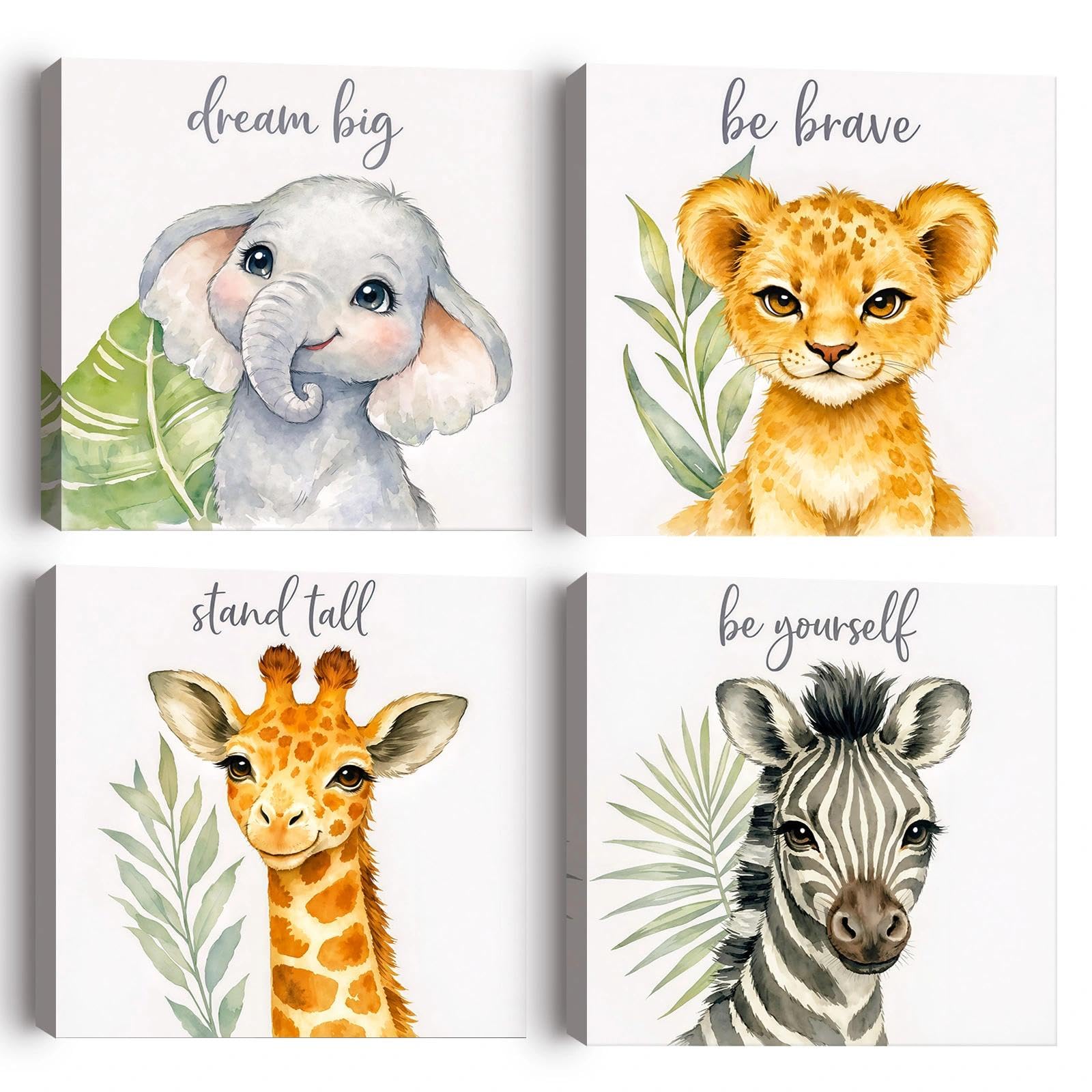 Alptiny Nursery Wall Art Bedroom Canvas Wall Art Set Of 4, Framed Nursery Decor Animal Wall Art Prints For Kids Bedroom Playroom, Elephant Giraffe Lion Zebra Nursery Pictures 30x30cm