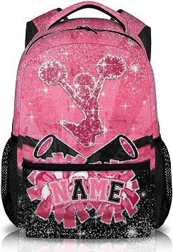Cheer School Backpack for Girls Cheerleaders, Personalized Pink Glitter Backpacks for Kids Teams Kindergarten Preschool, 17 Inch Lightweight Custom Bookbag, Back to School Gift