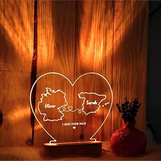 Personalized Long Distance Relationship LED Night Light – Custom Acrylic Heart Lamp with Two Countries & Names – Unique Gift for Couples, Best Friends, Family – USB-Powered Home Decor Keepsake