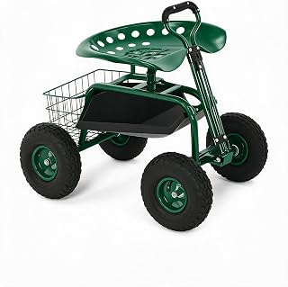 Garden Cart Rolling Workseat - 400 LBS Heavy Duty Garden Scooter 360° Swivel Seat, Extendable Handle & Utility Tool Tray & Storage Basket, Gardening Stool for Patio & Yard, Green