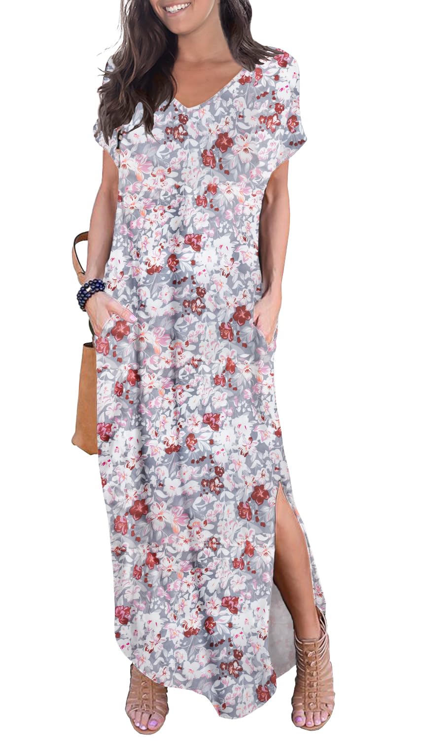 GRECERELLE Women's Maxi Dress Summer Casual Loose Side Split Short Sleeve V Neck Floral Long Dresses with Pockets, XX-Large