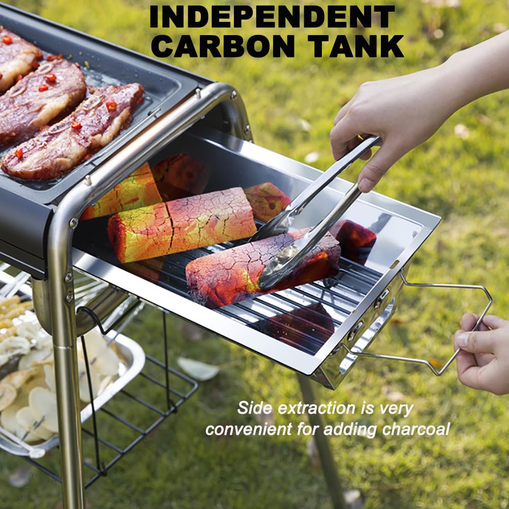 Grilla De Carbón De Gran Capacidad, Cocina Al Aire Libre con Pies, Altura Ajustable, con Cuadrícula De Parrilla De Acero Inoxidable, Bandeja De Parrilla, Adecuada para 5-15 Personas