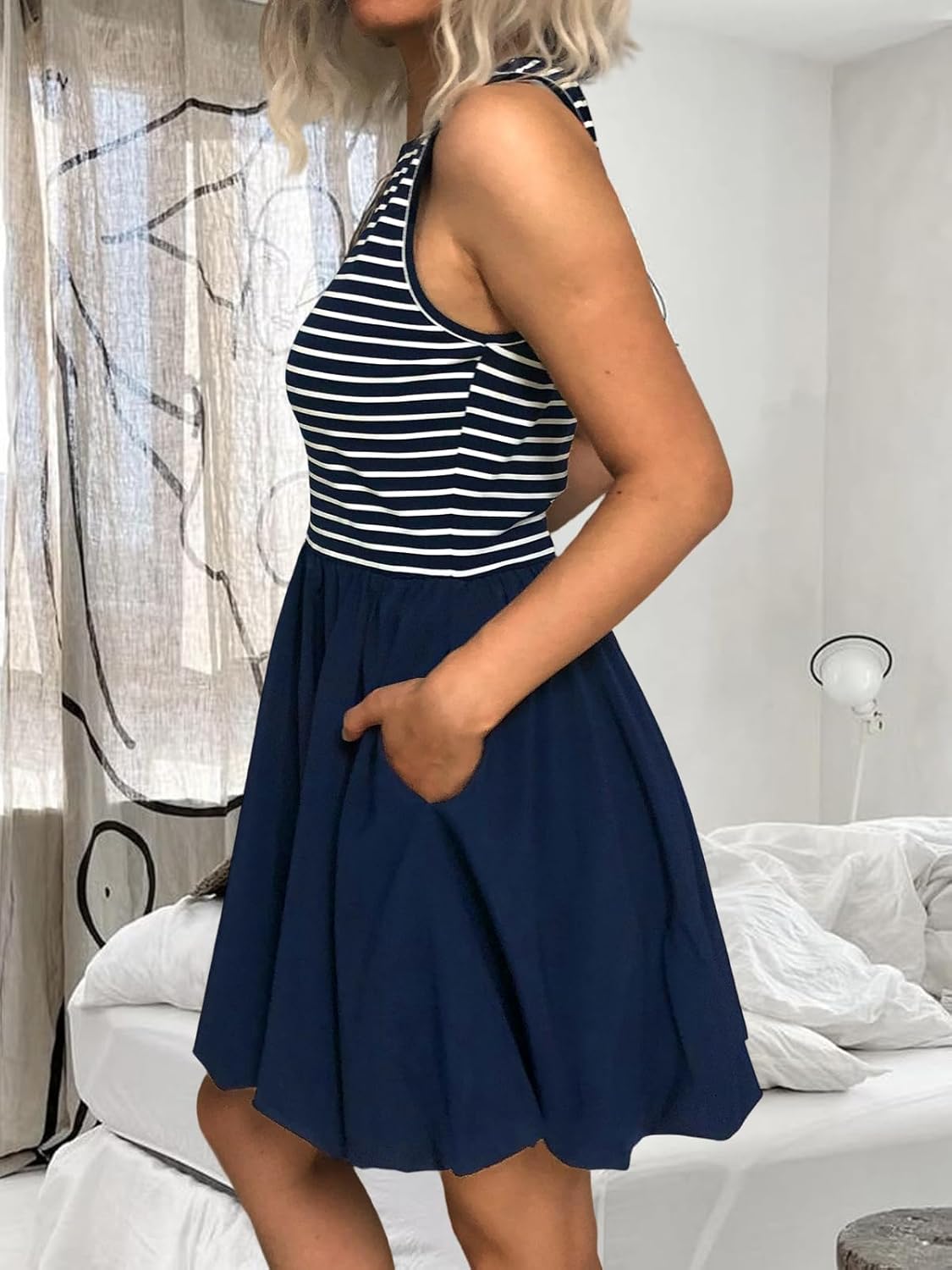 Women's Casual Bubble Mini Dress with Pockets Sleeveless Bubble Hem Striped Tank Short Dresses Summer - Image 4