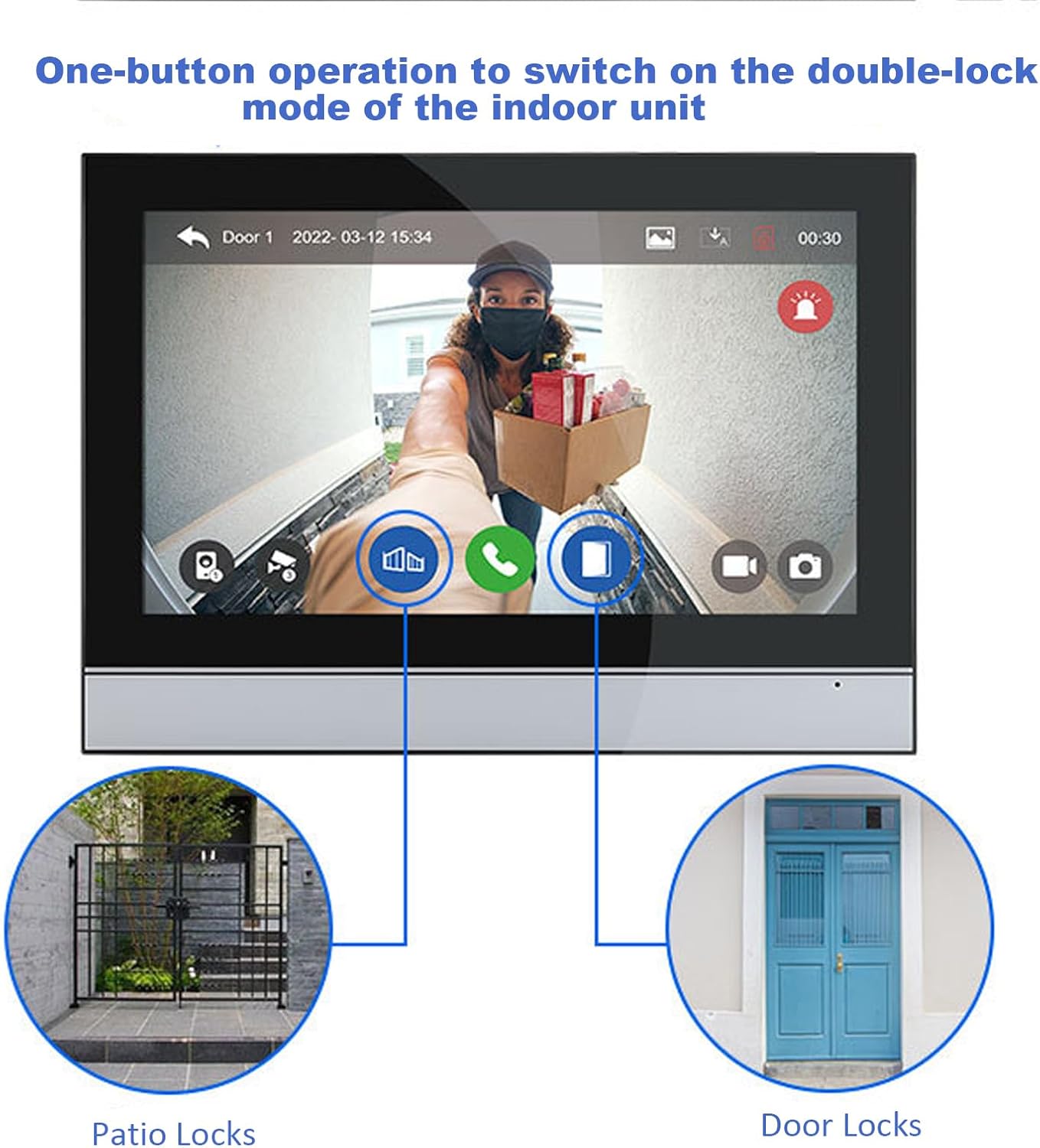 Image showing the indoor monitor with icons for unlocking patio locks and door locks, demonstrating one-button operation.