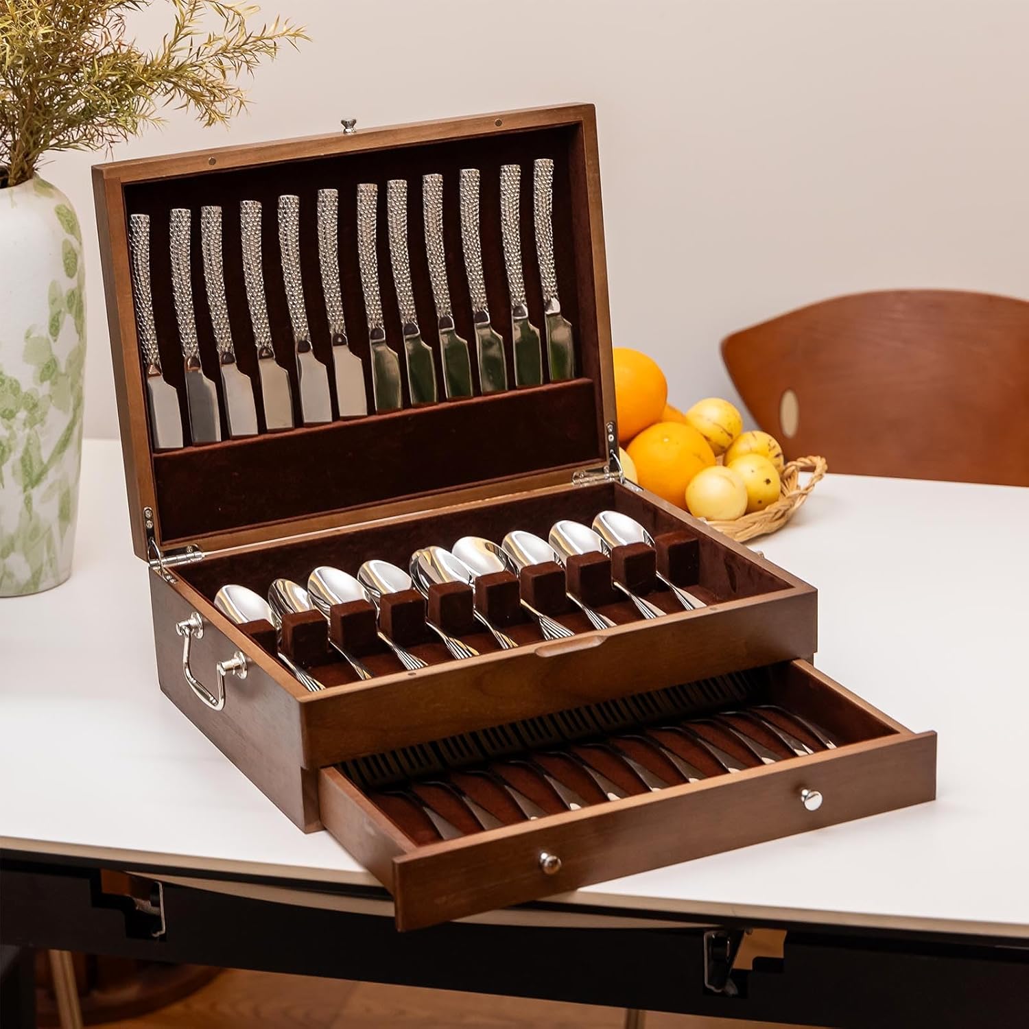 Silverware Storage Box with Lid Double-layer, Flatware Storage Case with Handle, Silverware Chest Boxes for Flatware Organizer for Silver