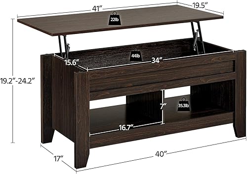 Miniatura 38 de Topeakmart Mesa auxiliar elevable con compartimento oculto y estante de almacenamiento abierto, mesa central elevable de altura ajustable para sala