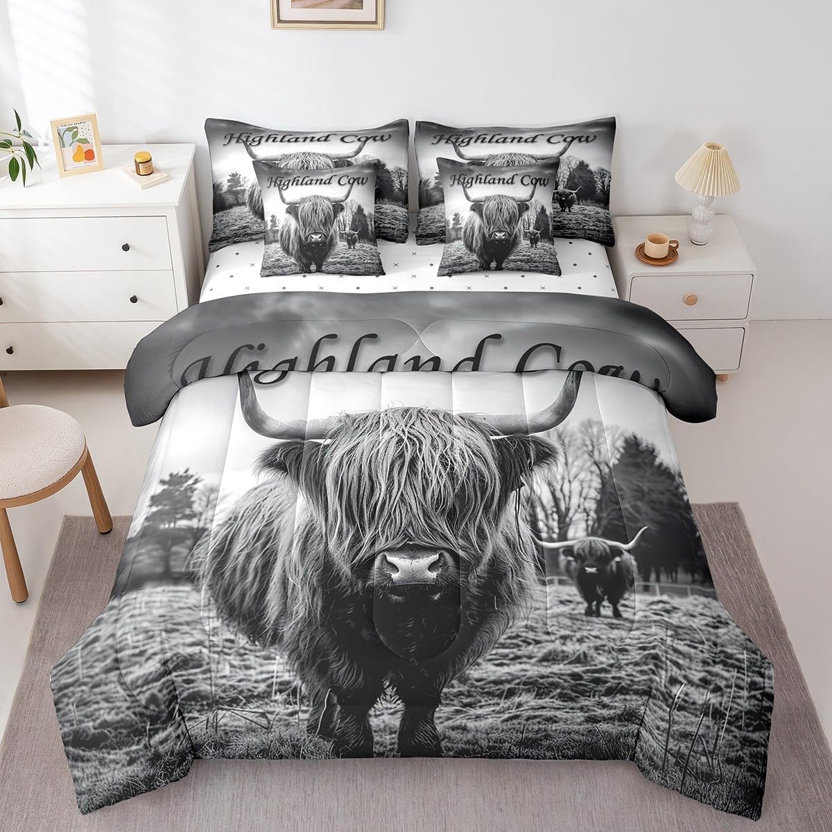Erosebridal 7Pcs Highland Cow Comforter Sets Queen Size, Farm Animal Rustic Comforter Set Bed in a Bag(1 Comforter, 1 Flat Sheet 1 Fitted Sheet 2 Pillowcases and 2 Throw Pillow Covers)