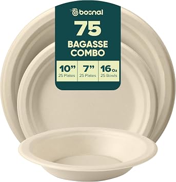 BOSNAL 10 inch & 7 inch Round Plates with 16 oz Bowls 100% Plant-Based Sugarcane Bagasse, Eco-Friendly Disposable Dinnerware for Hot & Cold Meals, Microwave Safe, Compostable, Durable & Sustainable