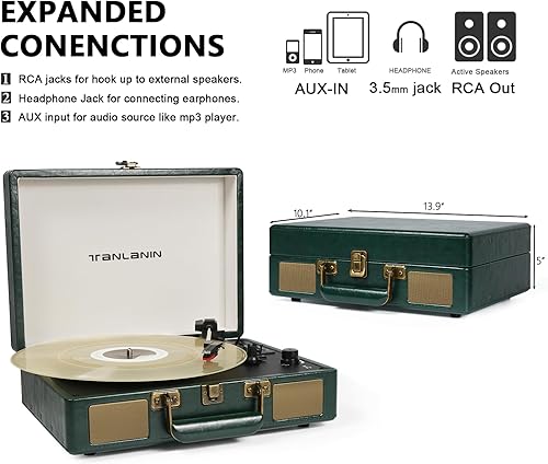 Miniatura 5 de Tocadiscos portátil de maleta USB con Bluetooth vintage de 3 velocidades con altavoces integrados, sonido de audio de vinilo mejorado, incluye lápiz