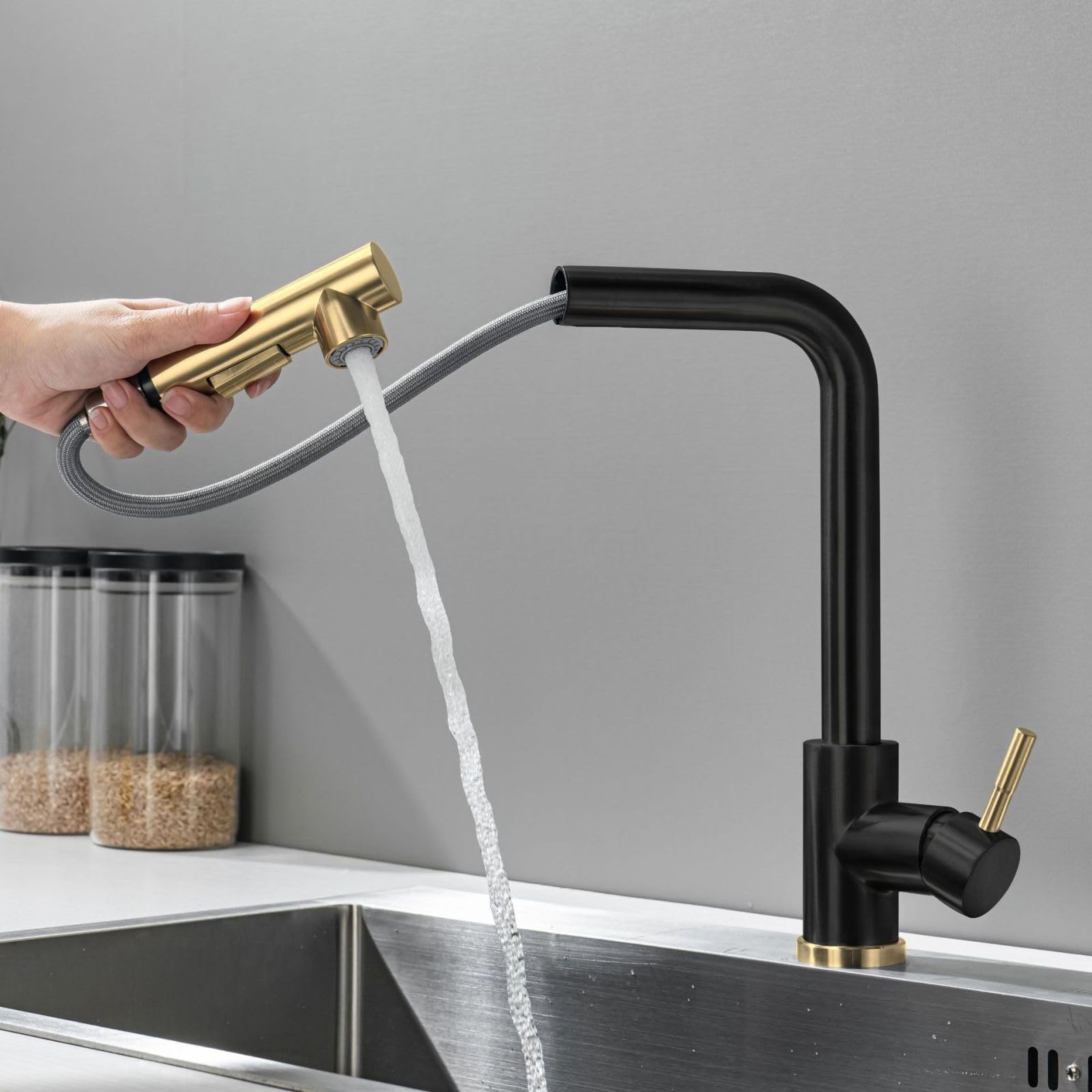 Grifo extraíble de cocina negro con grifo de fregadero jaspeado dorado cepillado, cepillado con negro