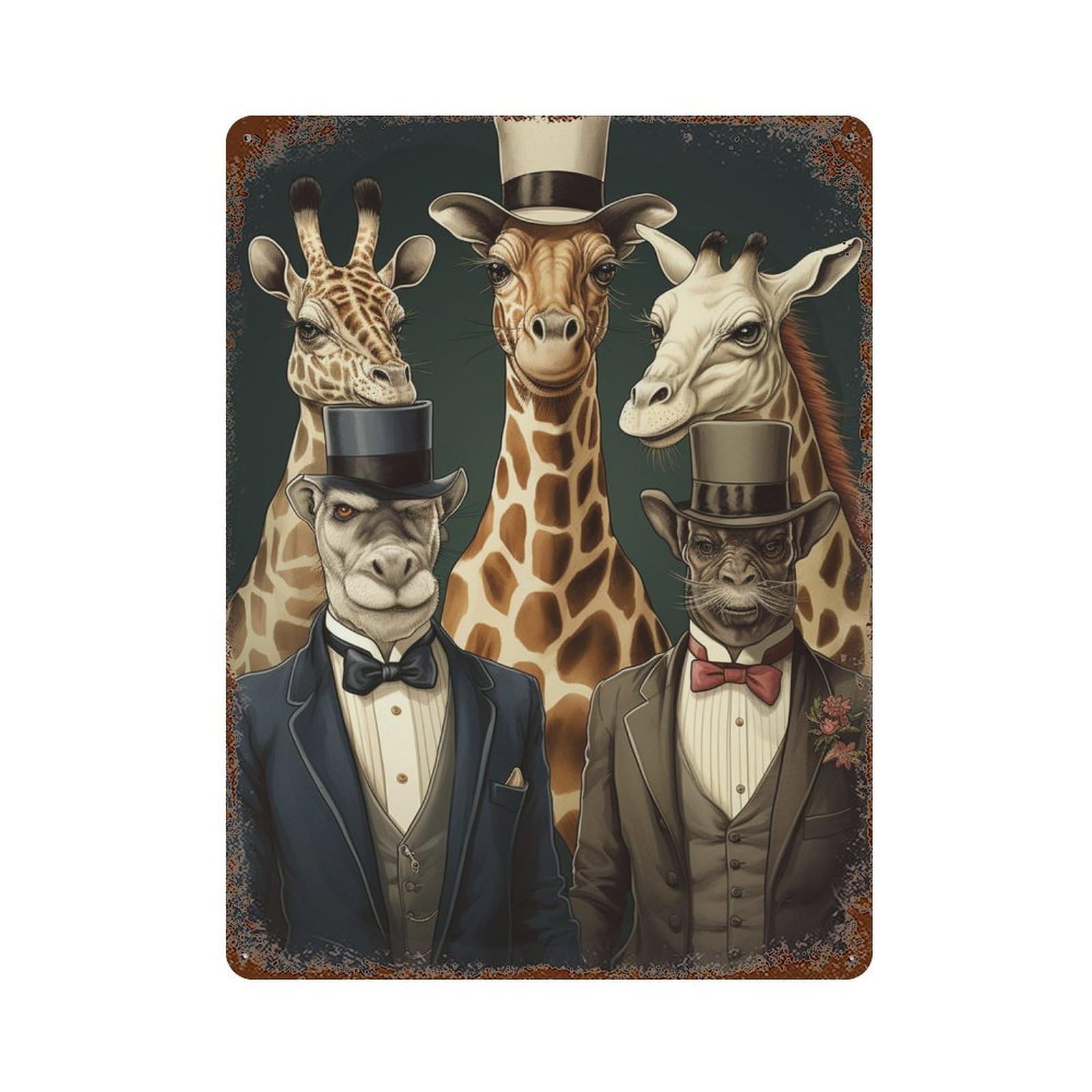 Giraffe Gentlemen Formal Attire Weathered Tin Sign 15.7"x11.8", Industrial Home Decor for Basement, Hobby Room And Garage Decor
