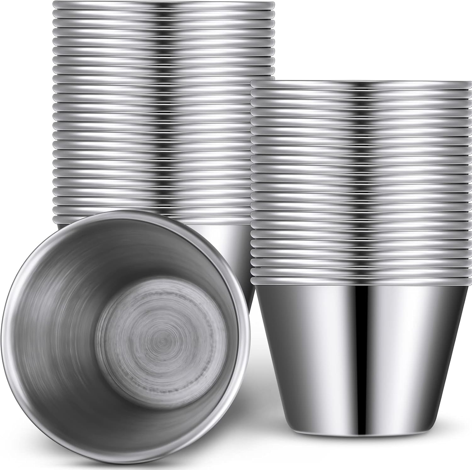 Potchen 48 Pack 2.5oz Stainless Steel Ramekins - Stackable Sauce Cups for Dipping Condiments, BBQ, Camping, Parties