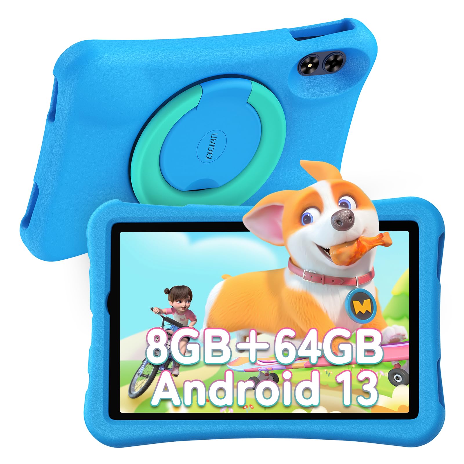 UMIDIGI Kinder Tablet 10,1 Zoll Android 13, G2 Kindertablet AB 3 Jahre 8GB(4+4) RAM+64GB ROM/1TB, Augenschutz 1280 * 800HD, WiFi6, 6000mAh 8MP+8MP mit Eva Etui/OTG/Type C-Blau