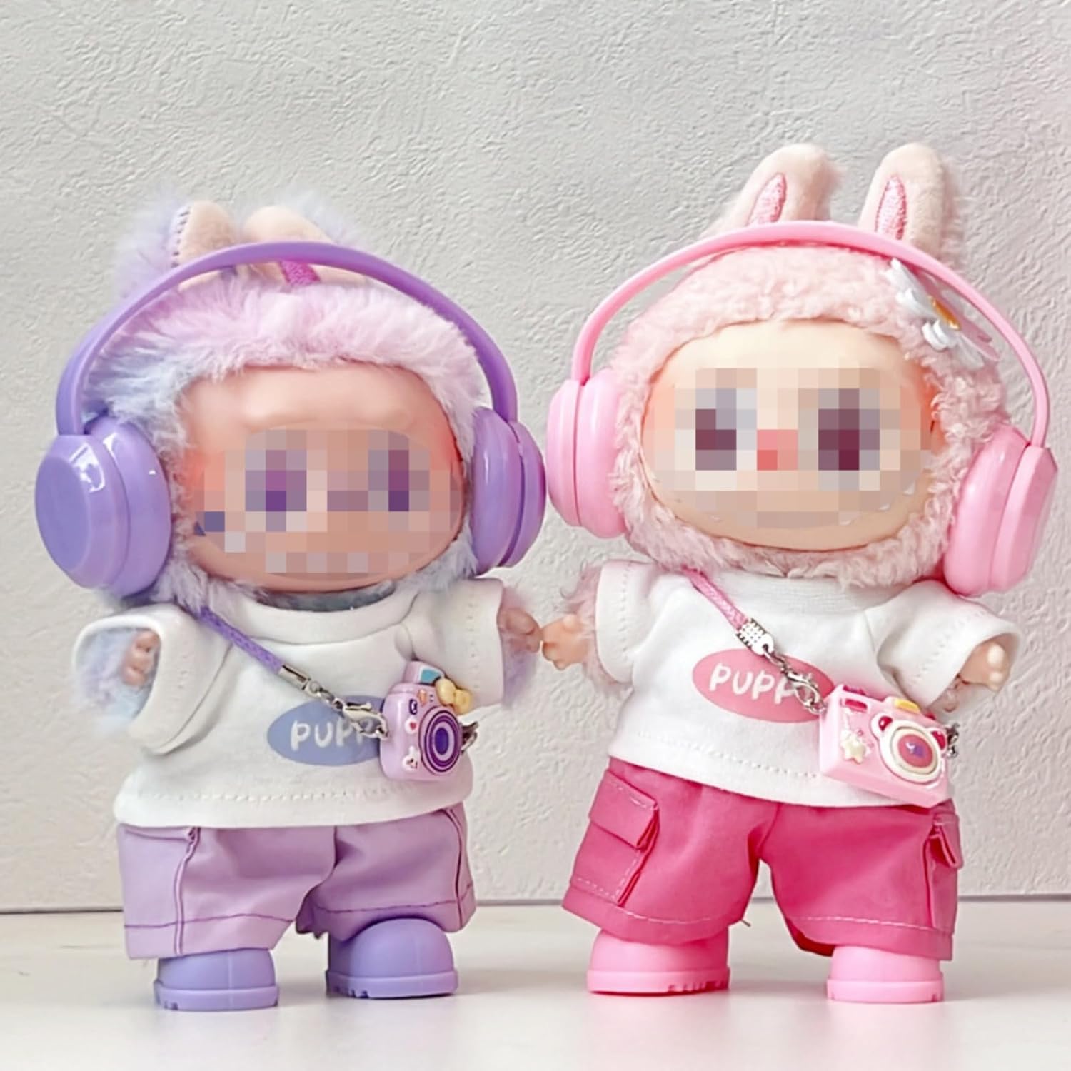 for Labubu Dolls Cute Puppy Themed Sporty Casual Outfit - Includes White T-Shirt Shorts Headphones and Shoes (Pink Set with Camera and Headphone)