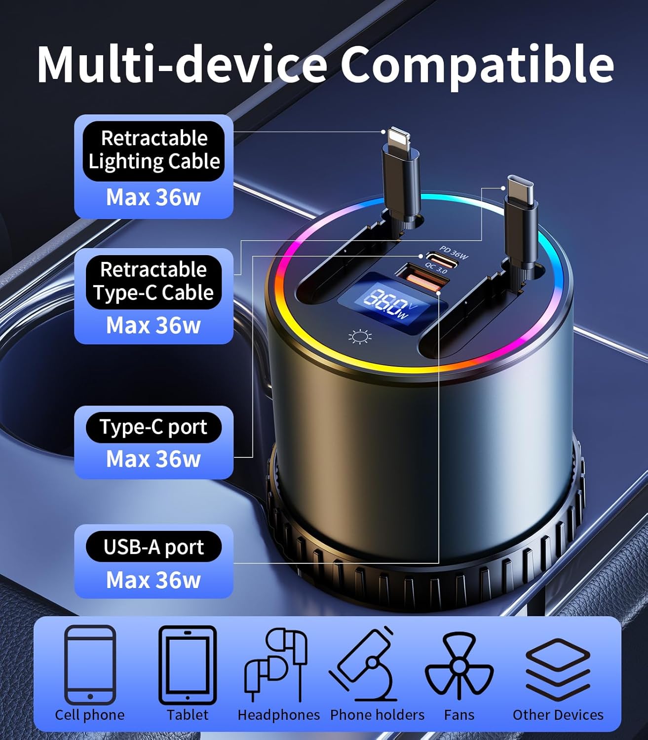 Retractable Car Charger USB Hub with RGB Light, 4 Port Car Charging Station Cigarette Lighter Adapter, Travel Essentials Car Accessories Gadgets for Men Gifts for iPhone 17 16 15 14 13 Pro Max