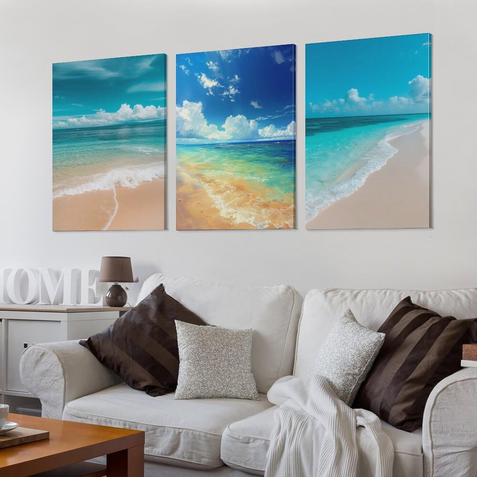 Amazon.co.jp: 3枚 青い空と白い雲の下のビーチ 絵画 インテリア