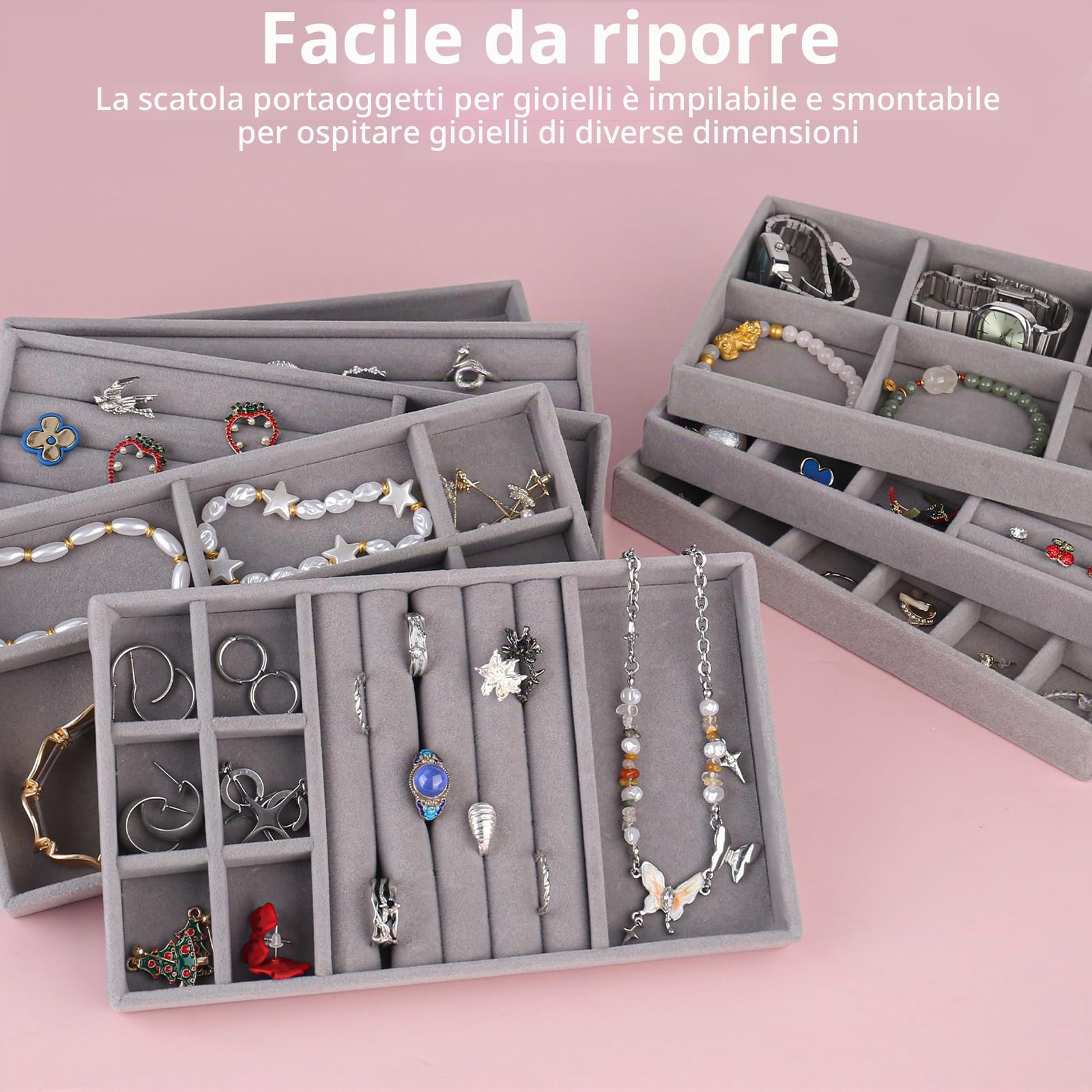 8 Pezzi Organizer Gioielli da Cassetto Velluto, Vassoio Porta Collane, Porta Gioielli Donna per Anelli, Collane, Orecchini e Bracciali