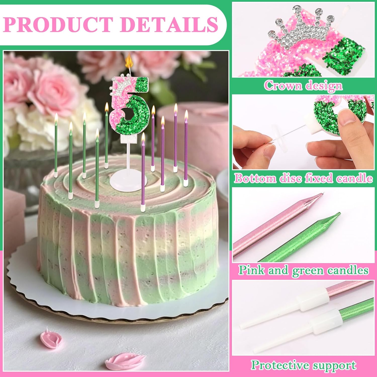 Condition photo showing New/Like New for Vovii Number 5 Candle and 12Pcs Candles for Witch-Theme 5th Birthday Party Decorations, Sparkling Cake Toppers for Pink and Green Birthday Decor Party Supplies