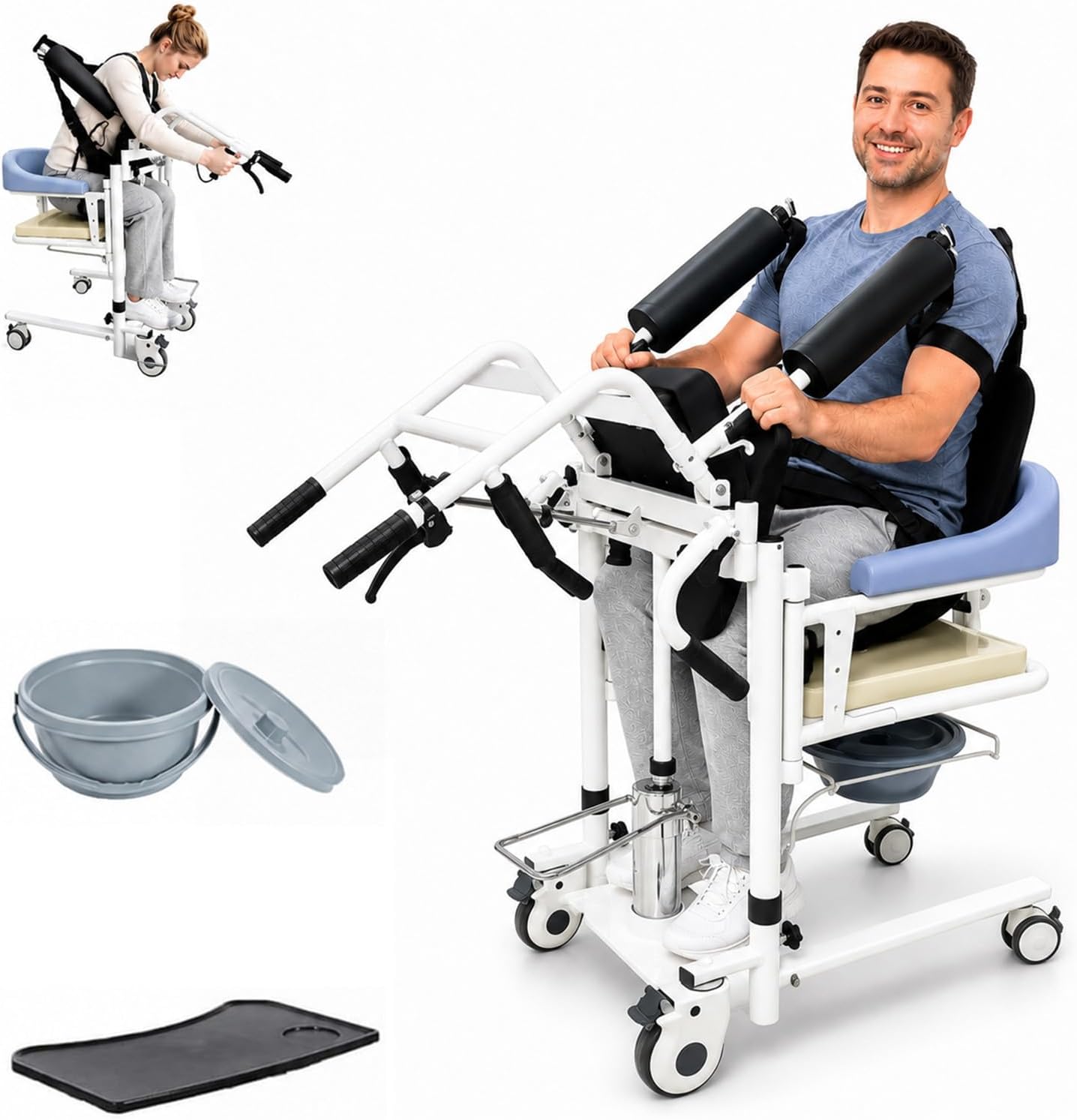 Patient Lift Transfer Chair for Home, Hydraulic Patient Lift Chair with Adjustable Height & 180° Open Design - Home Care Mobility Transfer Chair for Elderly Adults, 330 lb Capacity, Blue