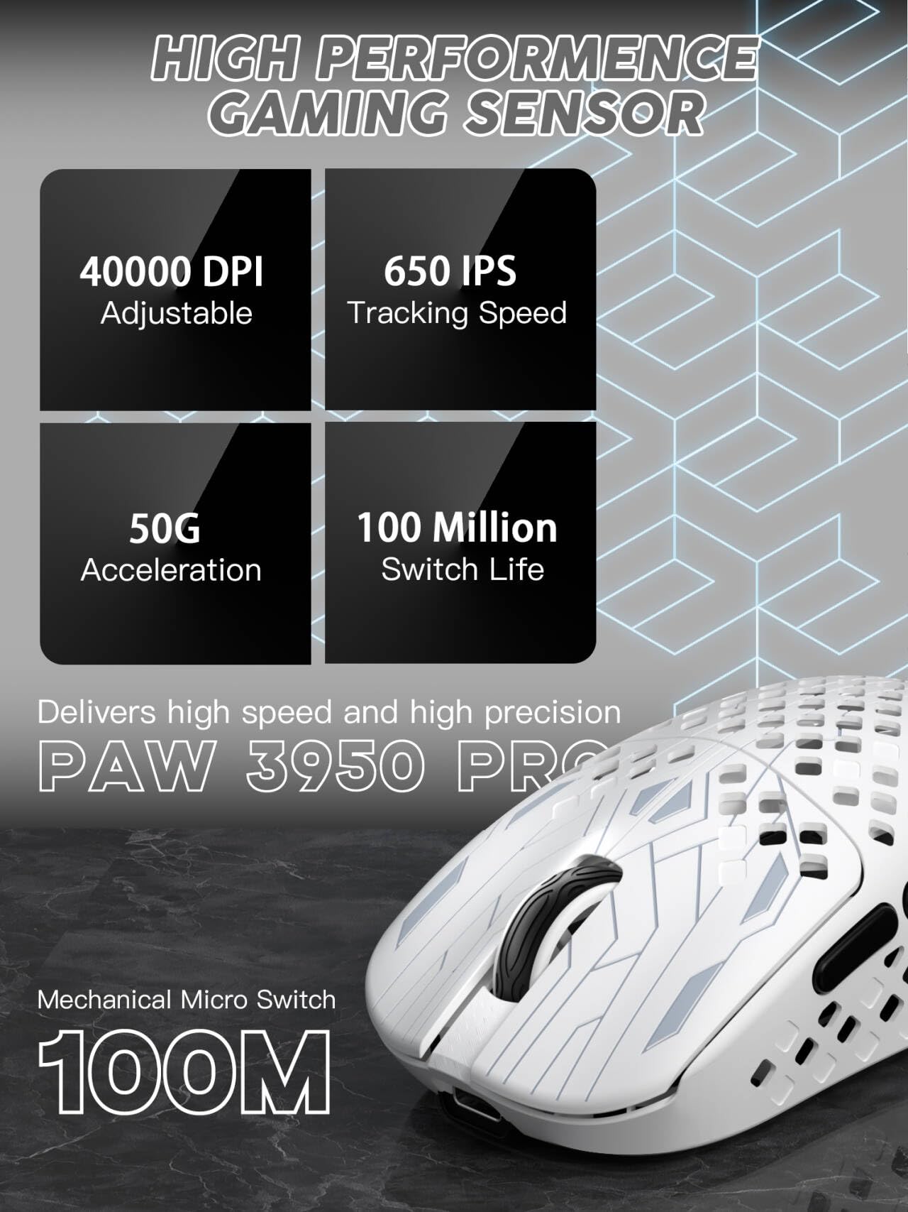 MAMBASNAKE M2 Ultra-Lightweight Wireless Gaming Mouse, PAW3395PRO Sensor 40000 DPI, 41g Carbon Fiber, Mouse Coiled Cable, Tri-Mode 2.4G/Bluetooth/Wired, 100M Clicks, Cloud Driver, Ergonomic Design - 3