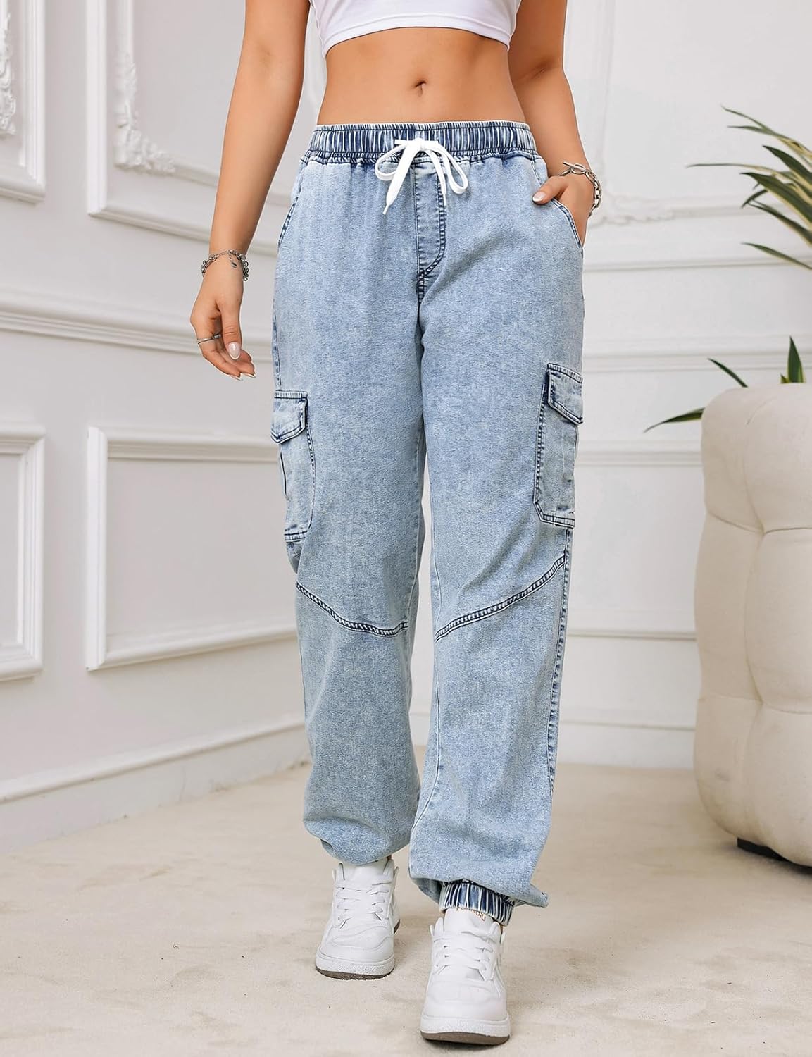 Jean Joggers for Women Elastic Waist Cargo Jeans Stretch Loose Baggy Denim Pants with Drawstring - Image 2