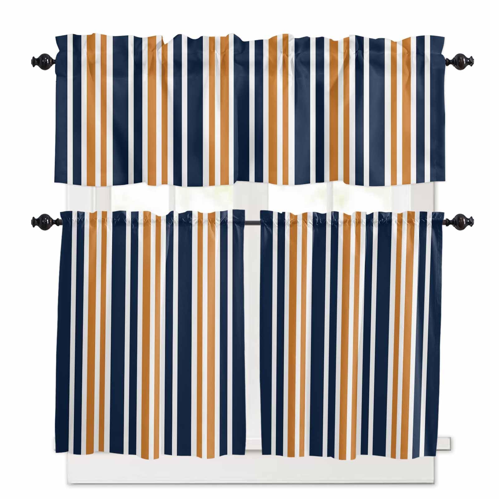 Orange Navy Blue Striped Kitchen Curtains 24 Inch Length,3 Piece Rod Pocket Small Half Tiers and Valance Set,Modern Minimalist Ombre Lines Small Large Window Treatment Decor for Bedroom/Bathroom Sink