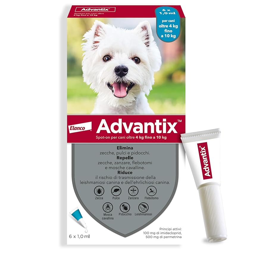 Immagine del prodotto Advantix® Spot-on antiparassitario per Cani da 4 kg a 10 Kg, 6 pipette da 1 ml. Elimina zecche, pulci, pidocchi e larve di pulce in casa. Protegge da zanzare, pappataci e rischio di leishmaniosi.