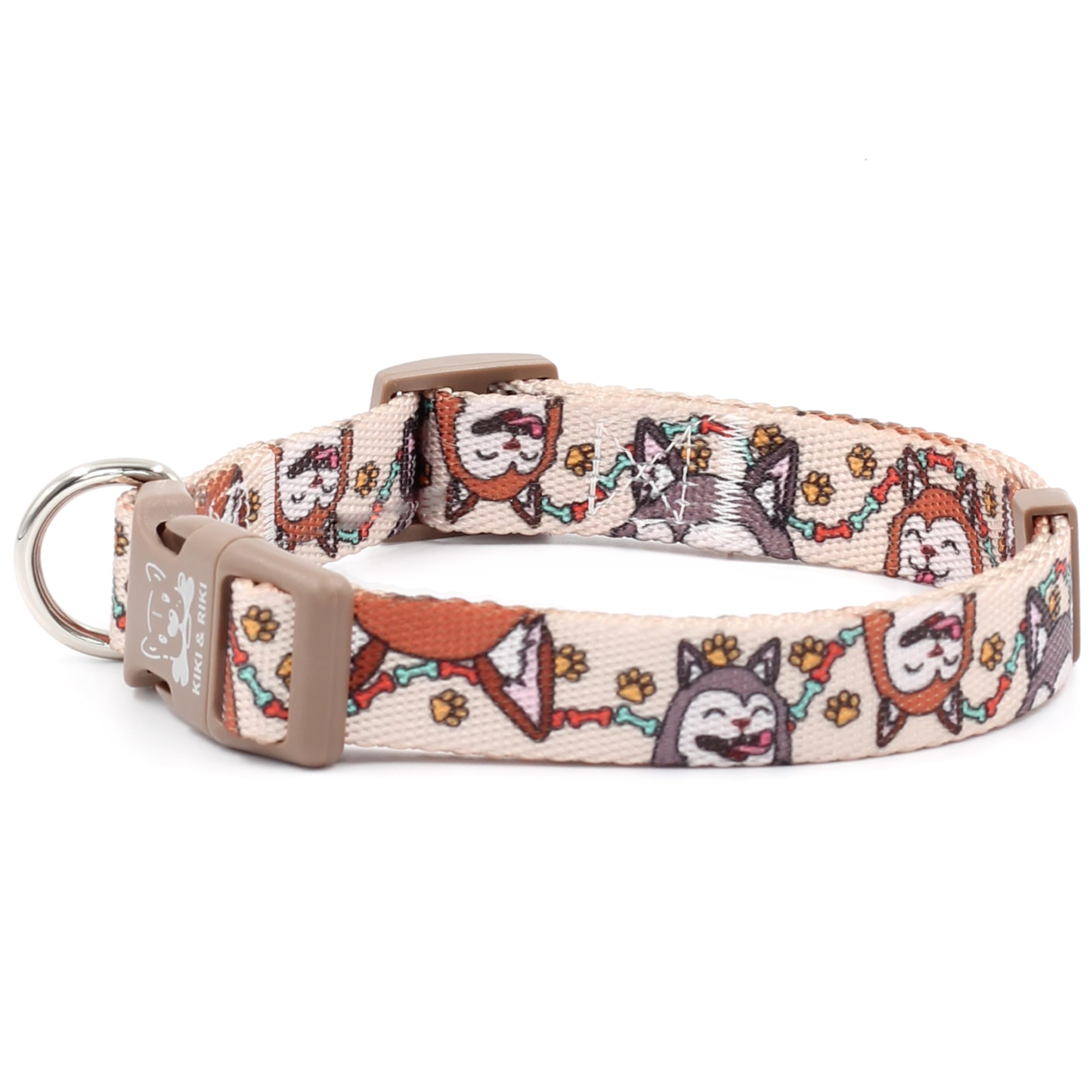 KIKI & RIKI Soft Nylon Dog Collar in Beige with Funny Pups Print