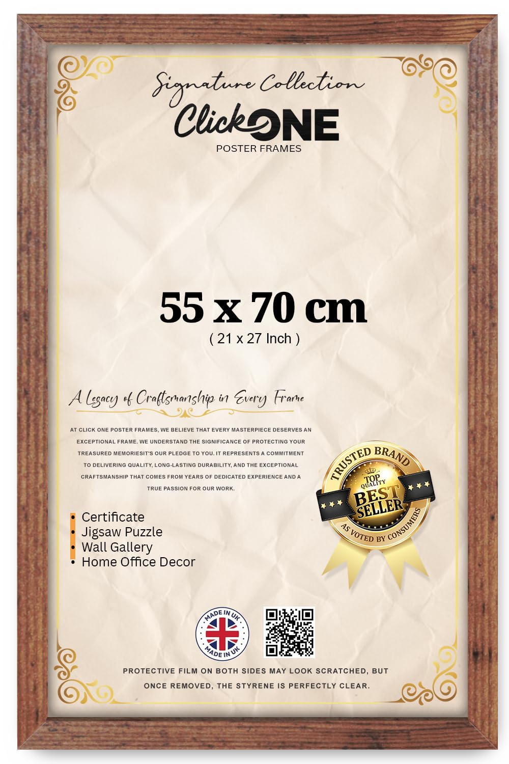 Click One 55x70cm – MDF Wall Frame, Perspex Front, Portrait Landscape Display, Wooden Poster Frame for Home Decor (RUSTIC)