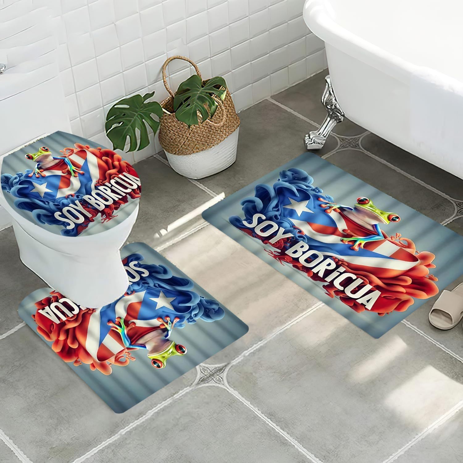 1/3/4PCS Puerto Rico Flag Green Frog Shower Curtain Set with Bath Mat Rug,U-Shape Mat,Toilet Lid Cover and 12 Hooks,Home Bathroom Decor Accessories (3Pcs Bath Mats)