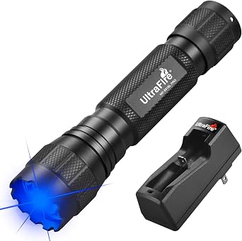 مصباح يدوي أزرق فاتح ULTRAFIRE ، 450-460nm وضع واحد مصباح يدوي أزرق LED ، 10W عالي الطاقة ضوء أزرق محمول صغير للصيد الليلي والأنشطة الخارجية - منزل أسود WF-501BL PRO