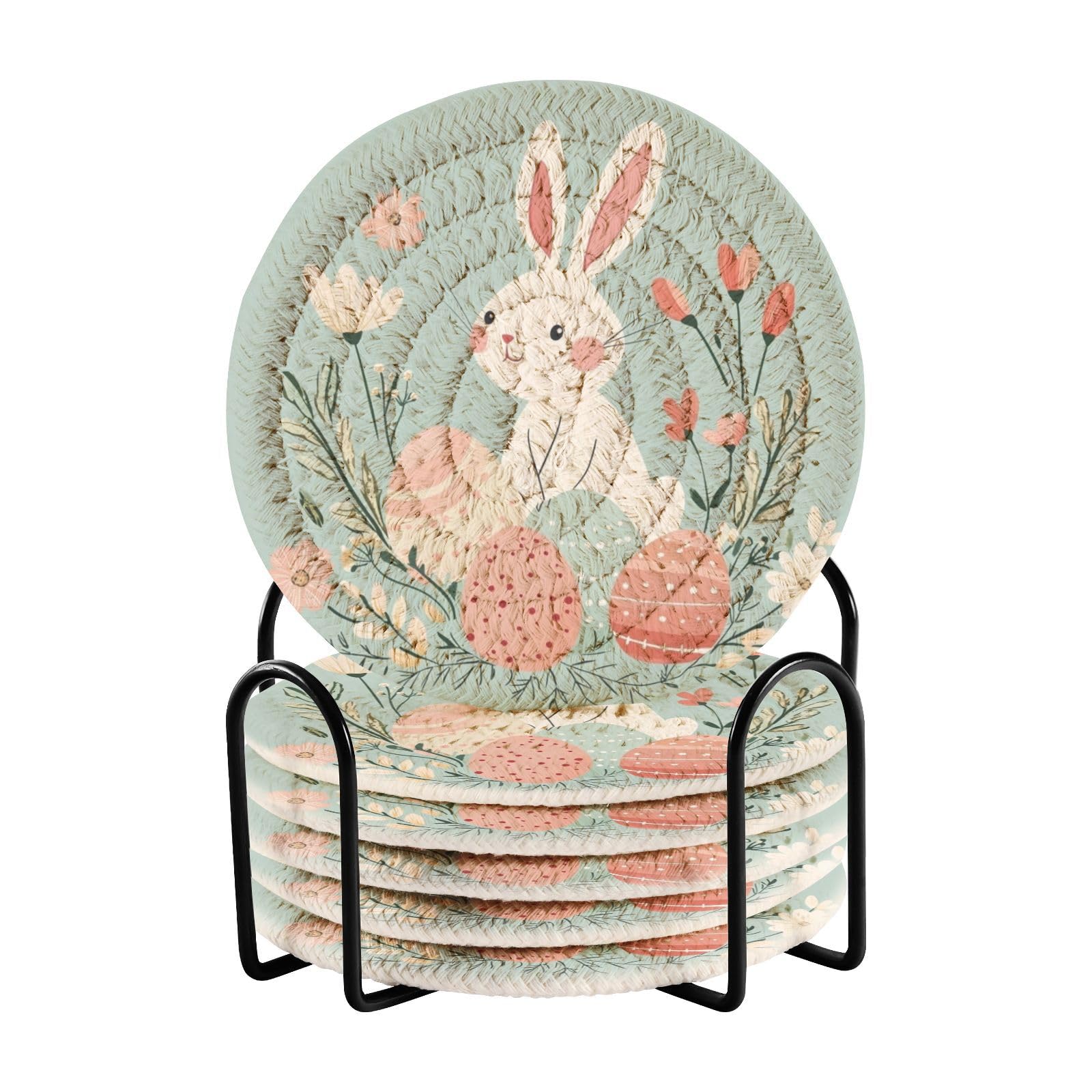 Cgiub Easter Bunny Egg Drink Coasters for Drinks with Holder 6 Pack Absorbent Cotton Drink Coasters Cup Coasters for Coffee Table Tabletop Protection, 10x10 cm