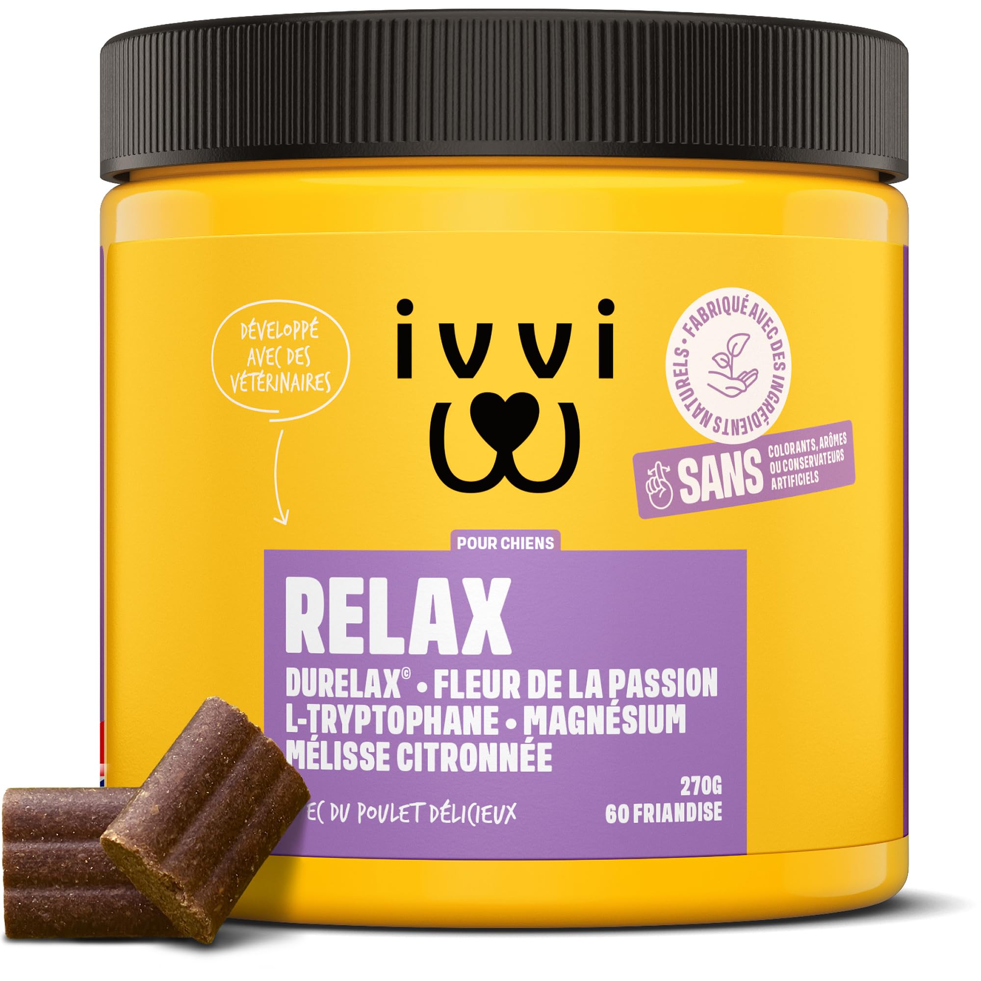ivvi Relax Calmant pour Chiens - Formule avec L-Tryptophane en Cas d'Anxiété, de Stress et pour se Calmer - 60 Délicieuses Friandises au Poulet