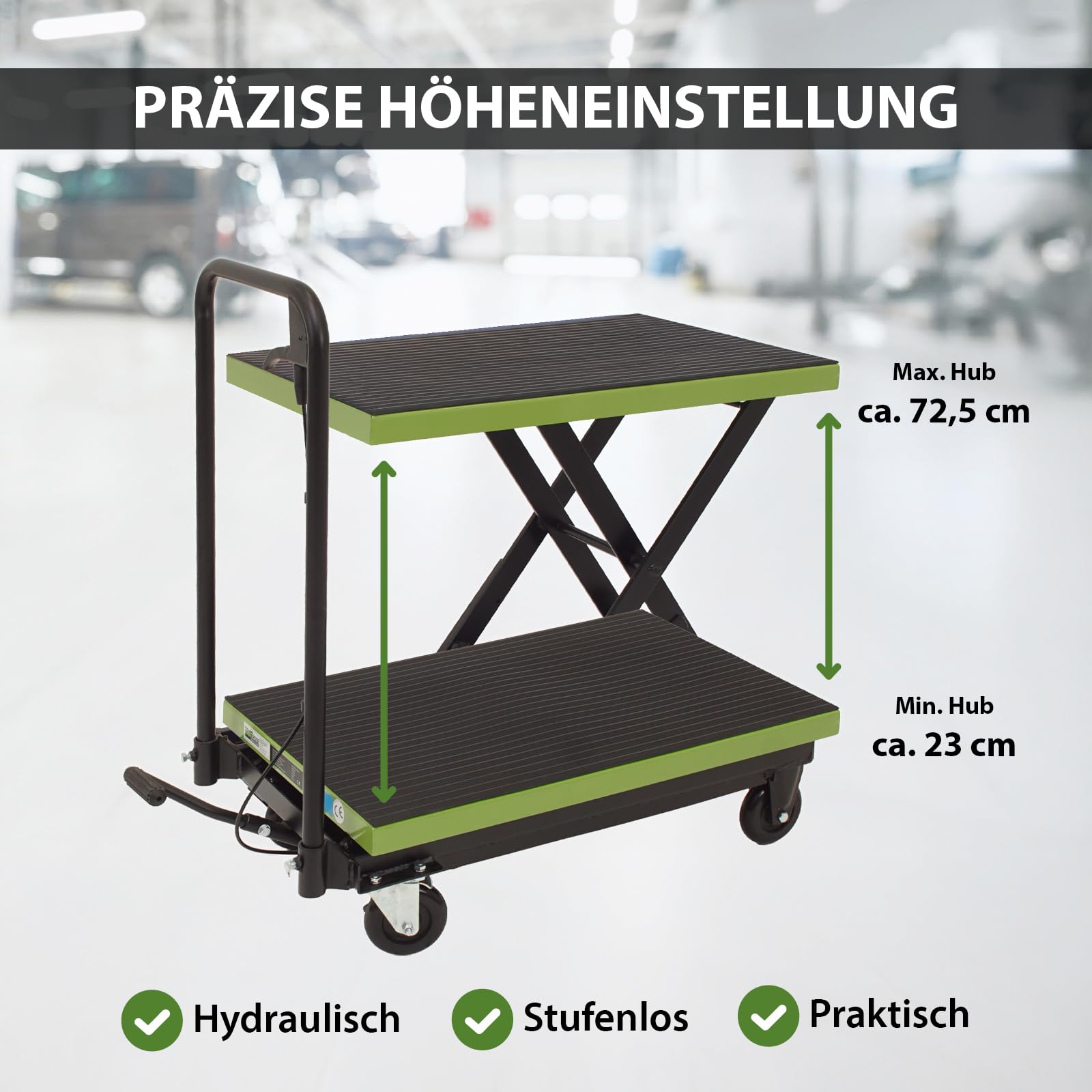 TRUTZHOLM Scherenhubwagen hydraulisch 225 kg Tragkraft Hubbereich 230-725 mm rutschfeste gummierte Plattform 70,5x45 cm mobiler Hubtisch mit Feststellbremsen Hubtischwagen fahrbarer Hubwagen