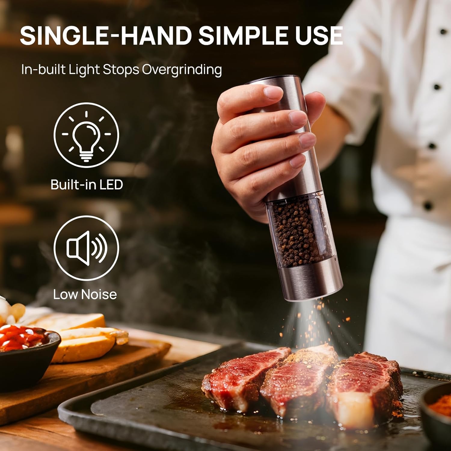 Electric Salt and Pepper Grinder Set, Christmas Kitchen Gift, Rechargeable with LED Light, Large Capacity Stainless Steel Refillable Pepper Mill Set with 6 Adjustable Coarseness - Image 5