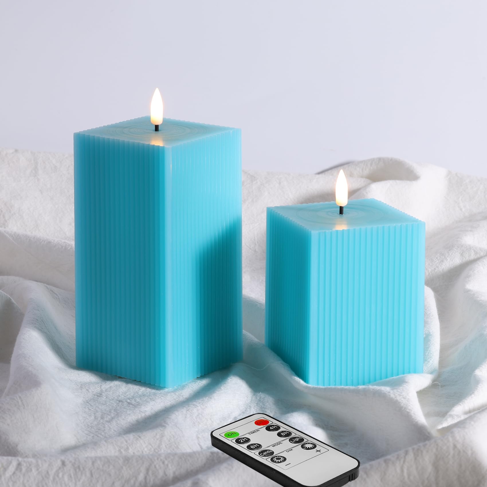 Turquoise Blue Square Ribbed Flameless Candles with Remote, Flickering Battery LED Wax Candles Set of 2