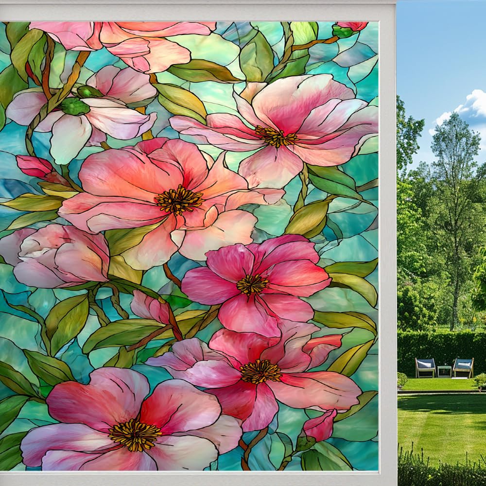 Elegant Flowers Stained Glass Window Film, Romantic Floral Garden Peel and Stick Privacy Film, Frosted Adhesive Vinyl Decorative for Bathroom Windows Glass Doors, （40x90cm）