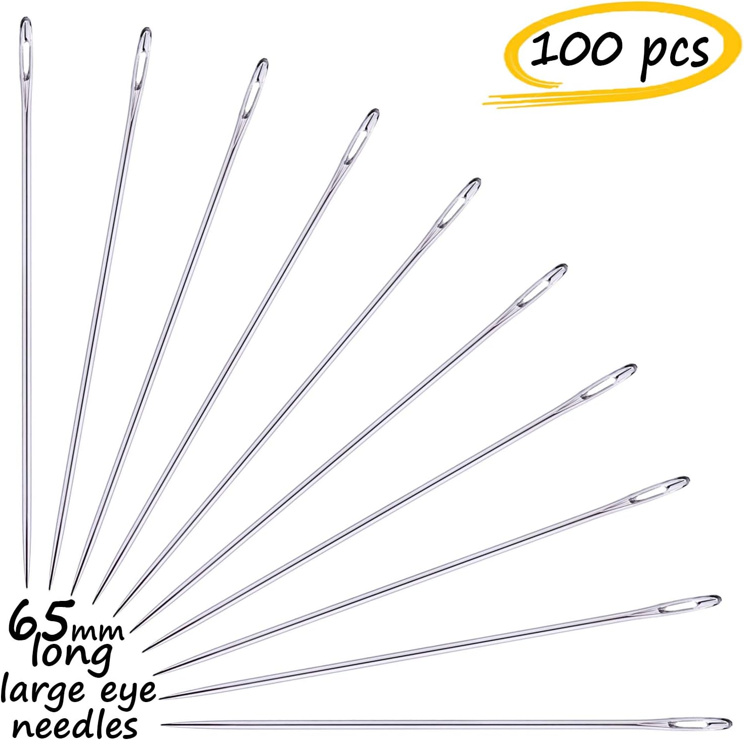 Set of 100 Long Needles with Large Eye, 65-mm Long, Good for Sewing, Leather Works etc. (Set of 100 pcs)