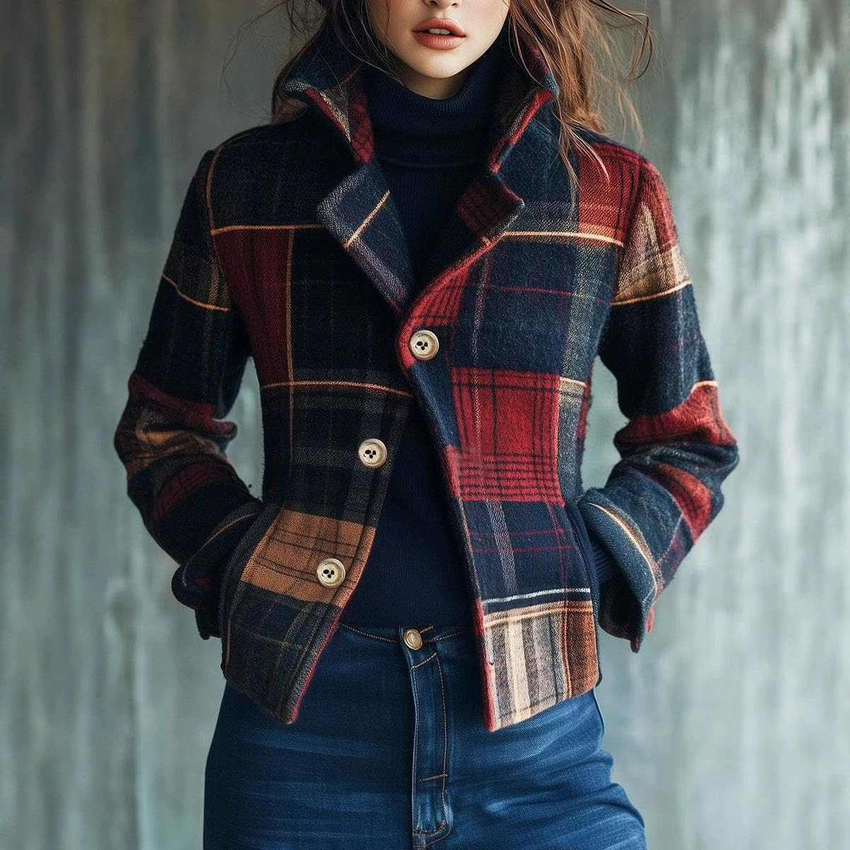 THLAI Womens Plaid Retro Warm Blazer Stand Collar Color-Block & Button Detail Casual Coat Fall Outerwear