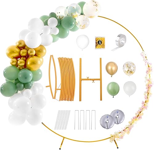 Xhakchik Soporte de fondo redondo de 7.2 pies, soporte de arco de globos de metal mejorado con cuerda guía, fácil de instalar, arco de boda dorado,