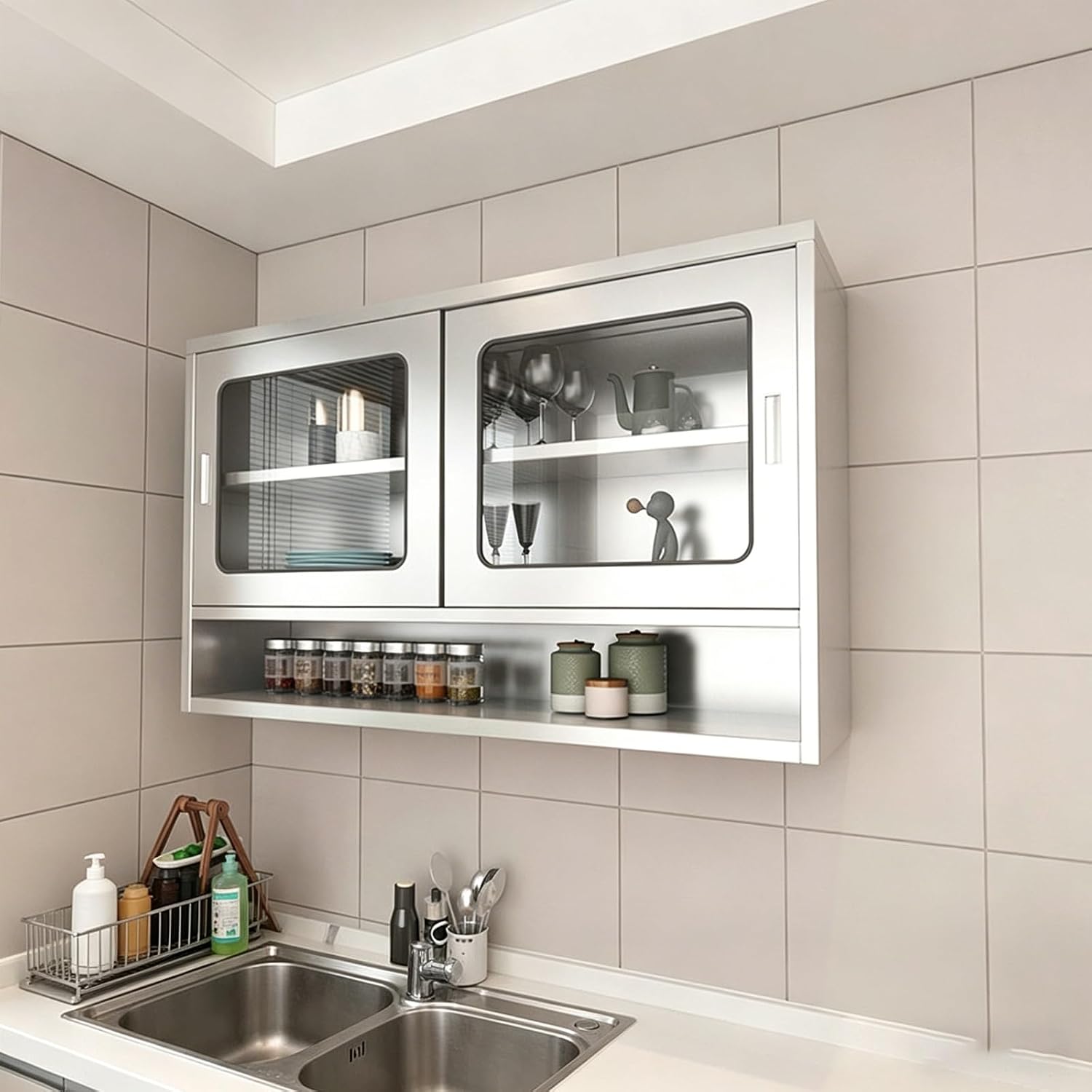 Pre-Assembled Wall Cabinet with Sliding Doors, 2-Tier Kitchen Wall Cabinets Storage, Kitchen Wall Cabinet Organizer with Doors and Shelves for Coffee Bar, Bathroom,C-150/59in