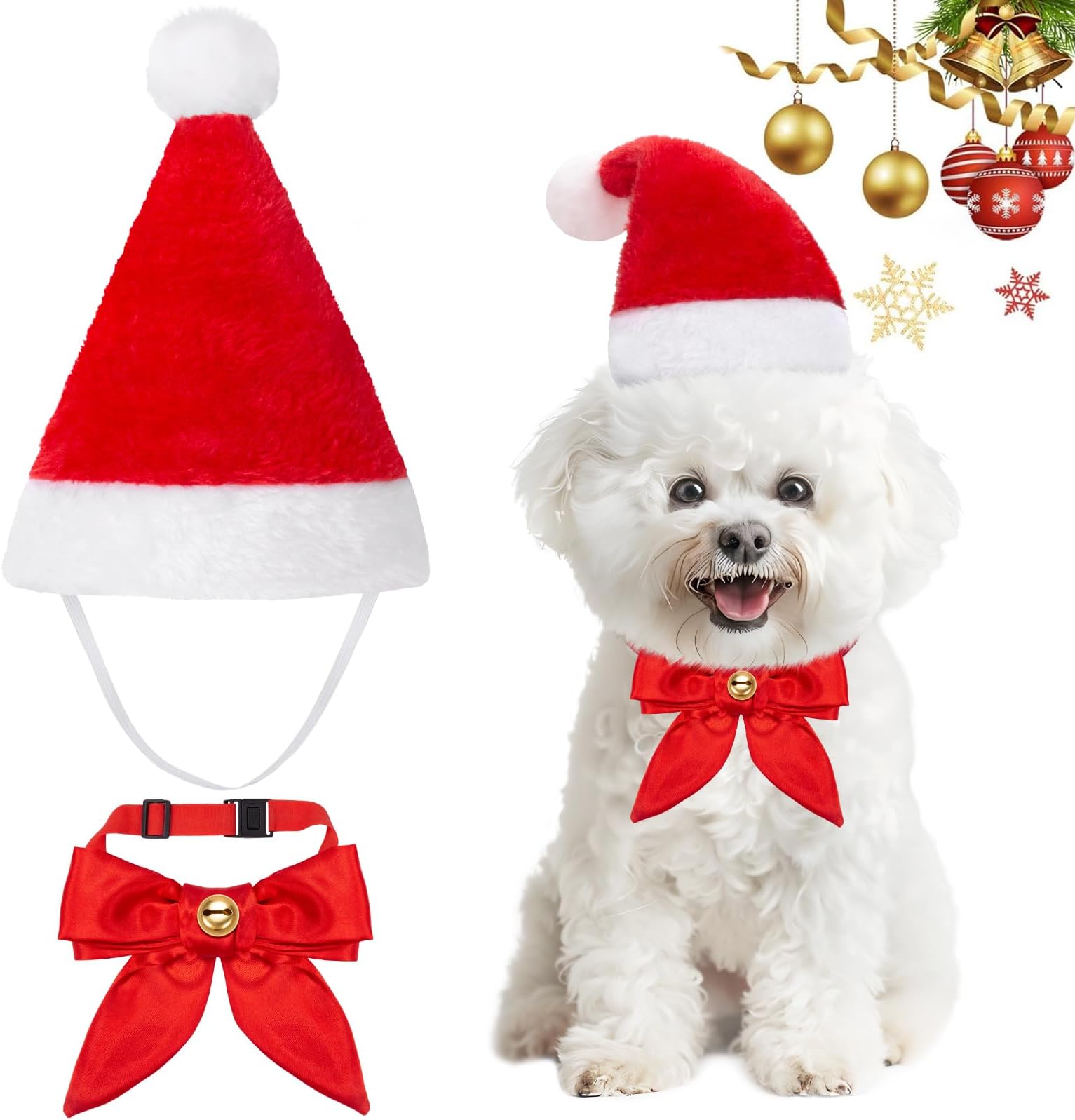 MELLIEX 2 Pcs Pet Christmas Outfit, Christmas Dog Cat Santa Hat and Bow Tie Set Adjustable Christmas Pet Costumes Cosplay Accessory