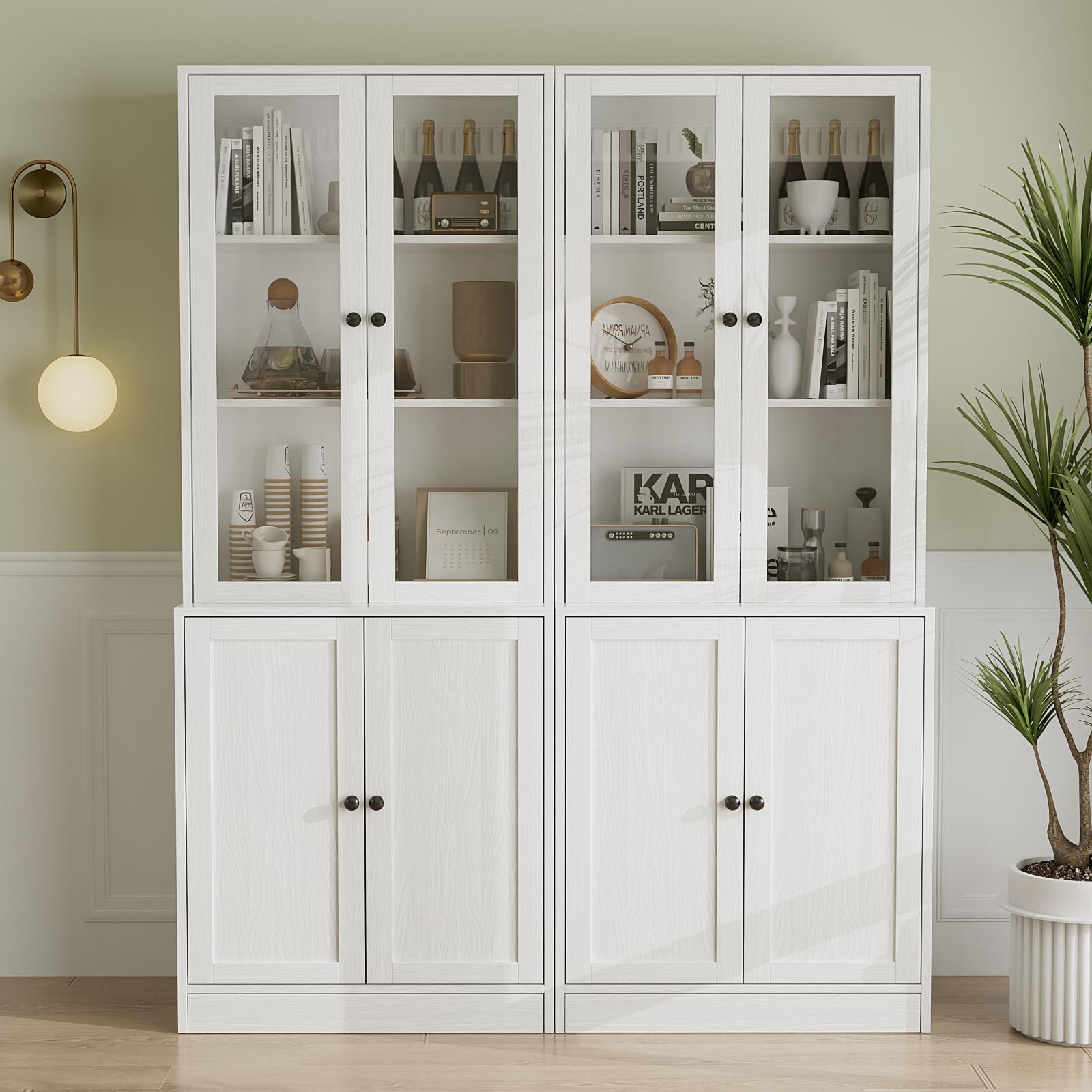 VOWNER Biblioteca de 5 pisos con puertas de vidrio - 180 cm - Armario alto - Armario aparador para cocina, salón, comedor - A (blanco)