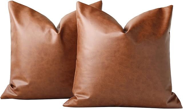Homefeelzydys Cushion Covers 45x45cm Set of 2, Faux Leather Cotton Cushion Covers Accent Modern Country Farmhouse Style Brown Cushion cases for Bedroom Living Room Sofa