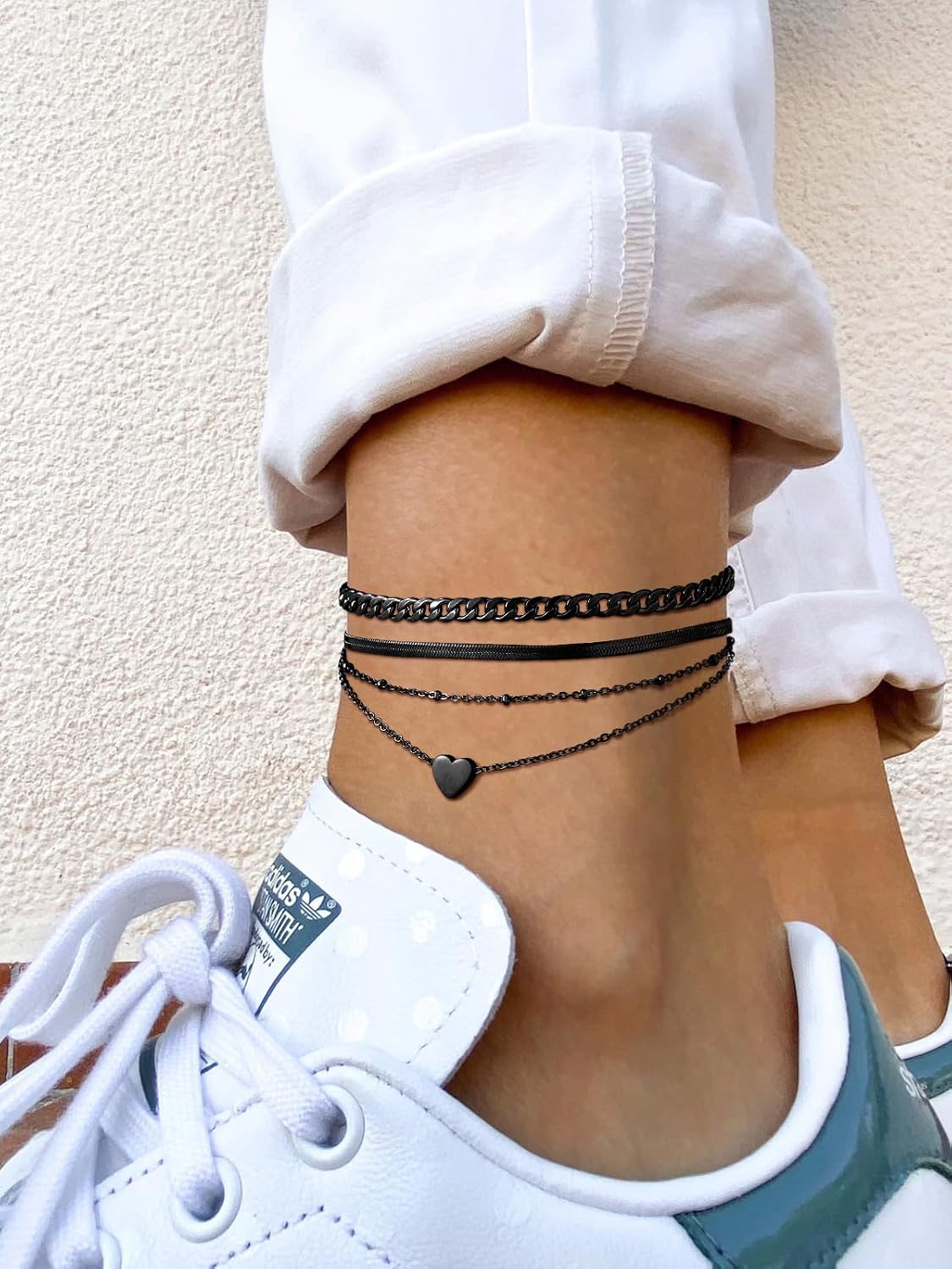 FindChic Black/Silver/Gold Plated Anklets Set of 2PCS/3PCS Herringbone Chain Cuban Link Heart Charm Sparkling Tennis Ankle Bracelets, Waterproof Summer Foot Jewelry for Beach